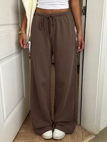 SHEIN EZwear 女款純色抽繩彈性腰休閒日常百搭寬鬆運動長褲 - 棕色 - 查看 3