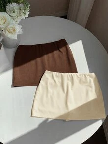 SHEIN EZwear 2件組女款純色休閒百搭裙褲 - 棕色 - 查看 2