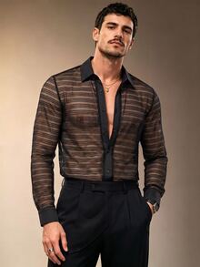 ZURIURI Men's Sheer Mesh Fashion Long Sleeve Shirt - Black - View 3