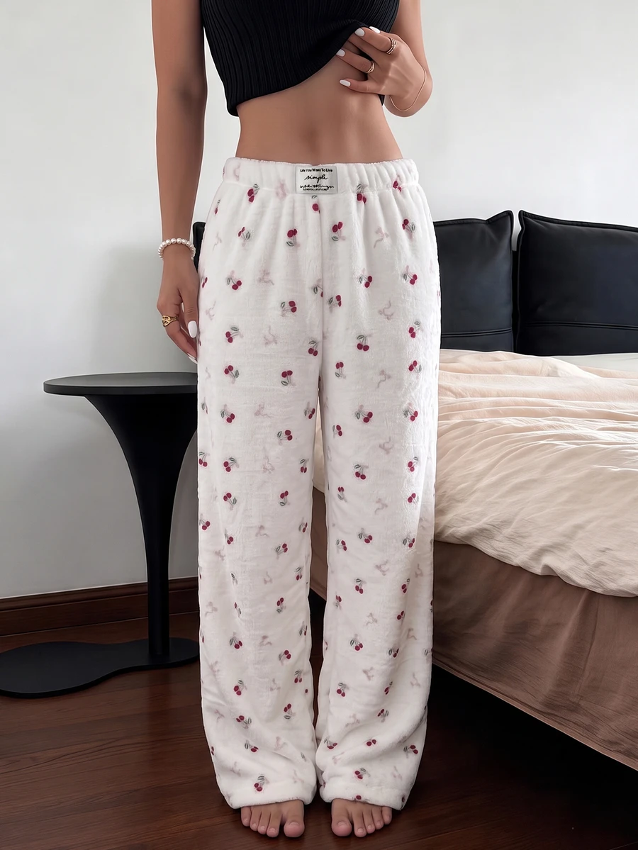Napfluff Women's Flannel Pajama Pants With Waistband Bow Decor, Cherry & Bow Print - Multicolor - View 1