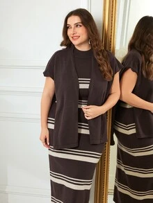Modelyn Plus Size Women's Colorblock Dress And Shawl Top Knit Set - Khaki - View 4