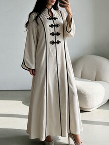 Al Najma Women's Apricot Colorblock Stand Collar Loose Fit Contrast Trim Long Sleeve Frog Button Romantic Elegant Plus Size Dress - Apricot - View 10