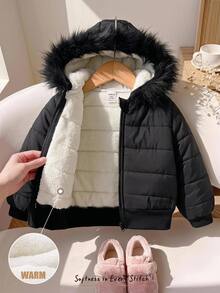 SHEIN 女嬰人造毛飾邊連帽長袖厚棉外套，適合滑雪、戶外、徒步、出遊、度假及各種場合，休閒百搭時尚 - 黑色 - 查看 1