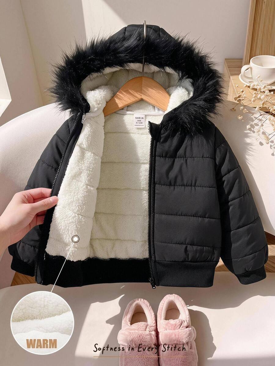 SHEIN 女嬰人造毛飾邊連帽長袖厚棉外套,適合滑雪、戶外、徒步、出遊、度假及各種場合,休閒百搭時尚 - 黑色 - 查看 1