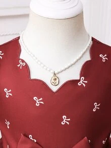 SHEIN 幼女公主芭蕾舞裙洋裝，甜美酒紅色蝴蝶結印花，蓬蓬紗裙，長袖波浪邊，合身款，生日派對秋季節日賓客禮服 - 酒紅色 - 查看 11
