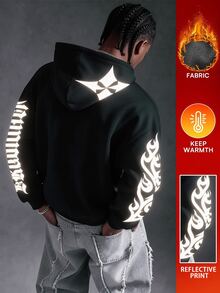 Manfinity EMRG Reflective Graphic Black Polyester Hoodie With Long Sleeves For Fall And Winter Streetwear - Black - View 3