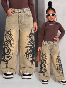 SHEIN Genkimix Kids 少女 Y2K 牛仔時尚休閒舒適街頭風復古印花懷舊水洗寬腿牛仔褲，女款寬鬆牛仔褲，秋季穿搭 - 中等水洗藍 - 查看 1