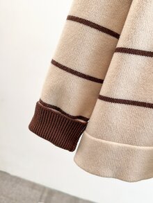 GlowEve CURVE Plus Size Women Colorblock Long Sleeve Cardigan Knit Sweater, Striped Fashion Casual Versatile Suitable For Autumn/Winter Wear Fall - Apricot - View 8