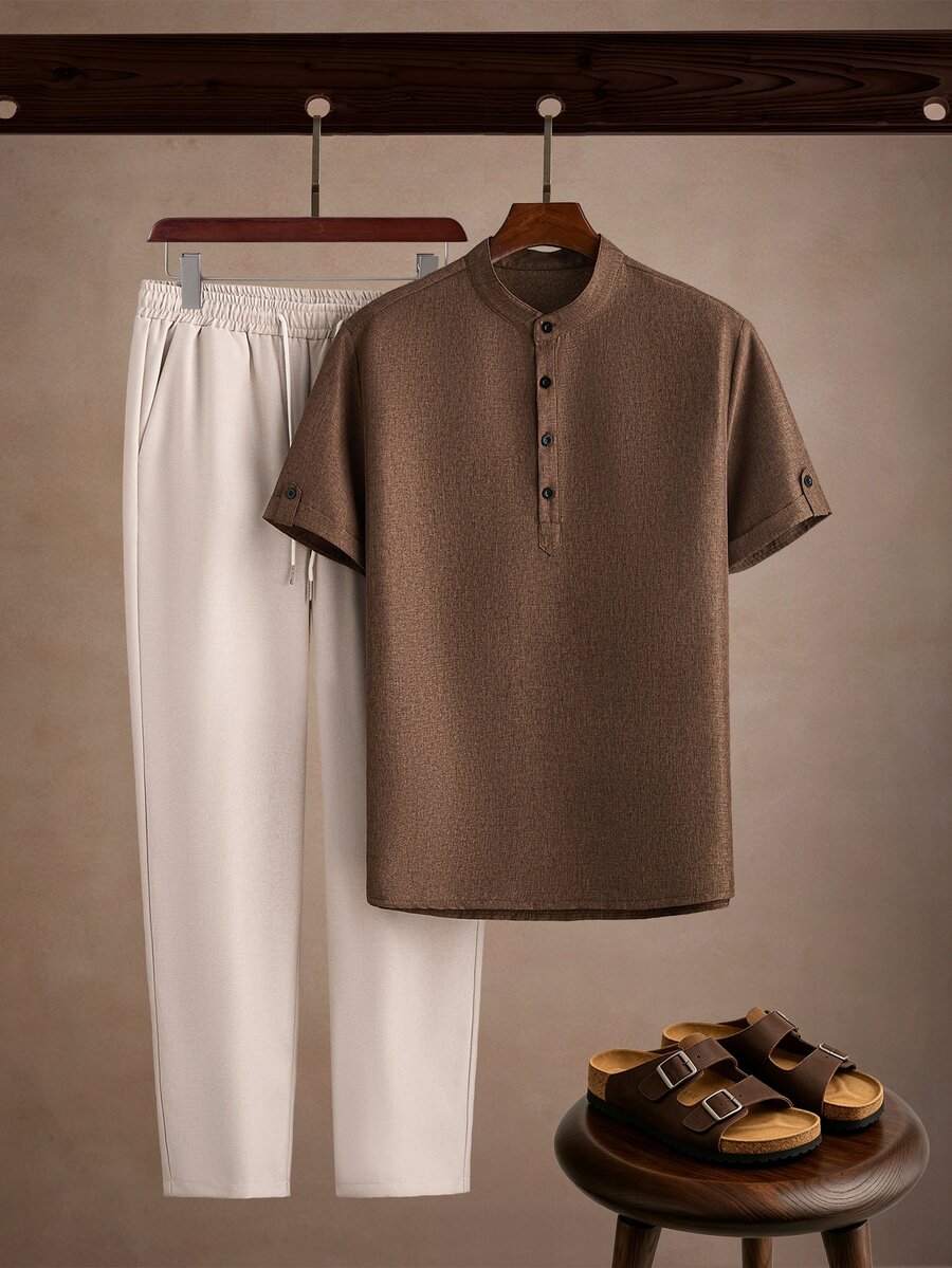Core Aspect Men's Casual V-Neck Short-Sleeve Shirt And Pants Linen Set, Summer, Vintage Style, Comfortable Outfit... - Multicolor - View 1