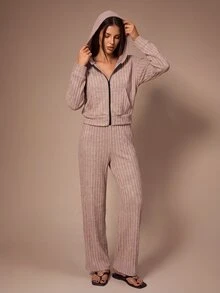 Lazeform Ultra Soft Ribbed Zipper Pocket Women's Pajama Set Hooded Casual Loungewear - Coral Pink - View 3