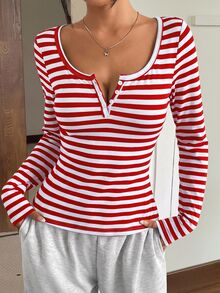 SHEIN EZwear 女款新款棉感休閒白色與紅色條紋半鈕扣長袖T恤，秋冬款 - 紅色 - 查看 4