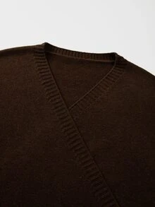 SHEIN Wrap‑Front V‑Neck Lantern Long Sleeve Cropped Knit Sweater, Solid Knit Top For Women - Coffee Brown - View 5