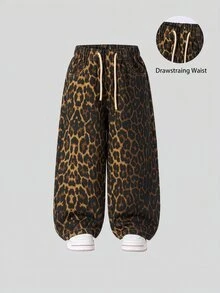 Young Girl Leopard Print Drawstring Waist Wide Leg Jeans - Brown - View 1