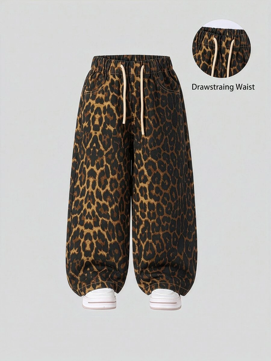 Young Girl Leopard Print Drawstring Waist Wide Leg Jeans - Brown - View 1