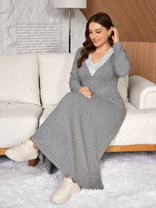 Lacomfia Plus Size Women's Loose Casual Autumn A-Line V-Neck Ribbed Knit Textured Fabric Long Dress - Grey - View 1