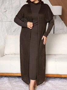 Lacomfia 2pcs Set: Minimalist Solid Color Ribbed High Neck Long Sleeve Fitted Regular Dress And Solid Color Faux Fur Jacquard Batwing Sleeve Fitted Regular Cardigan Jacket, Spring/Autumn Plus Size - Coffee Brown - View 5