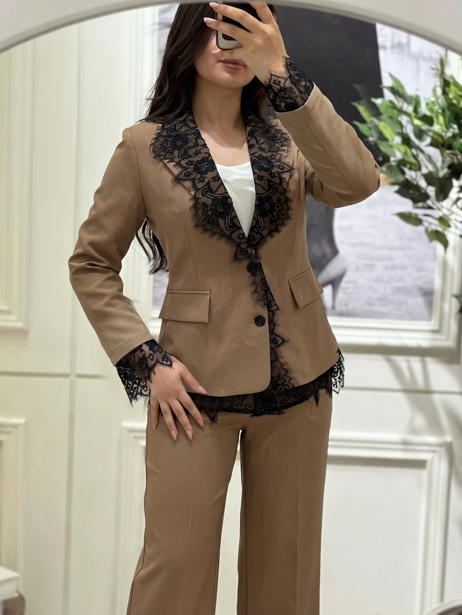 Modelyn Women's Elegant Black Lace Contrast Design Structured Tailored Blazer And Wide Leg Pants Suit Set, Soft Yet Powerful, Plus Size, For Daily Commute And Date - Champagne - View 1