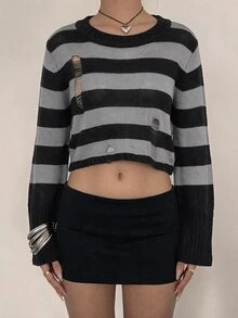 SHEIN EZwear 條紋復古風喇叭袖針織衫 秋冬款 - 黑色 - 查看 2