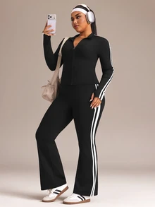 Rhythm Era Plus Size Women's Long Sleeve Stand Collar Zipper Pants Casual Sports Set - Black - View 1