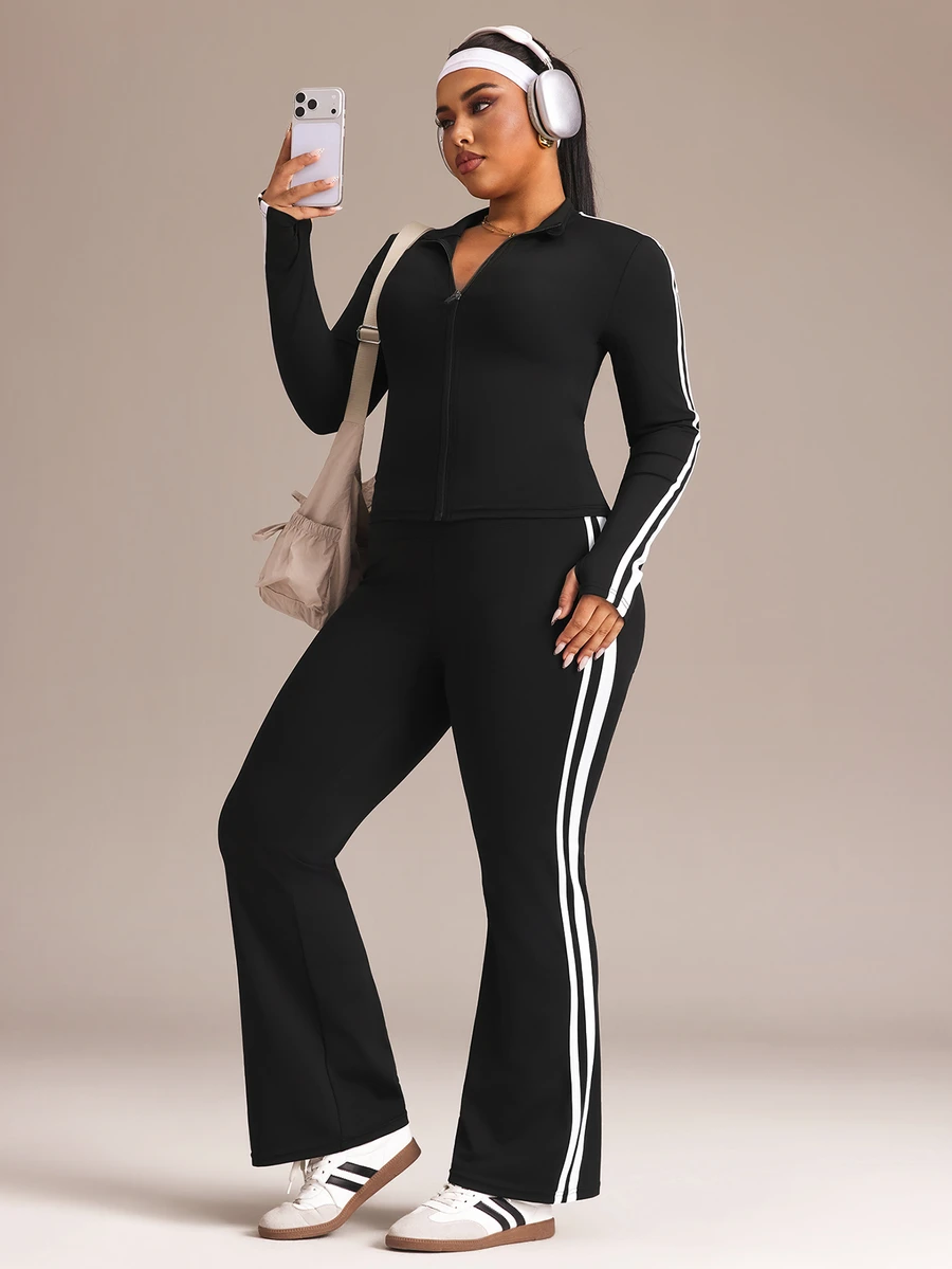 Rhythm Era Plus Size Women's Long Sleeve Stand Collar Zipper Pants Casual Sports Set - Black - View 1