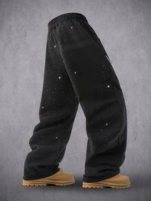 Manfinity Denimwave Men's Drawstring Elastic Waist American Street Style Star Print Casual Wide Leg Long Pants - Black - View 2