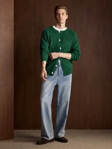 Manfinity CityGents 男士綠色調開襟羊毛衫，秋冬返校季鈕扣前襟長袖上衣，休閒畢業款素色落肩粗針編織都市風開襟衫 - 綠色 - 查看 6