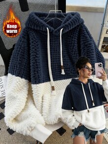 Elenzga 雙色袋鼠口袋抽繩連帽泰迪絨衛衣 - 藏蓝色 - 查看 2