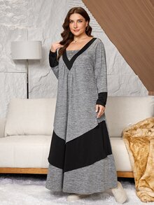 Lacomfia Plus Size Women's Knitted Grey & Color Block Patchwork Loose Fit Long Sleeve Multi-Layered Ruffle Hem Dress, Suitable For Casual Daily Occasions - Grey - View 5