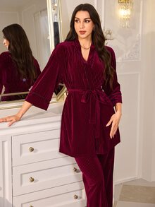 LuxeNights Purple Velvet Long Sleeve Pants Elegant Women's Pajama Set - Red Violet - View 6