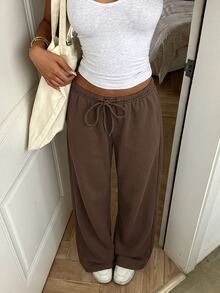 SHEIN EZwear 女款純色抽繩彈性腰休閒日常百搭寬鬆運動長褲 - 棕色 - 查看 6