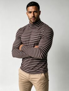 TONEVAULT Men's Casual Striped Slim Fit Long Sleeve Turtleneck T-Shirt - Coffee Brown - View 5