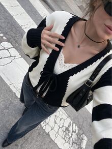 Sweetra V-Neck Bowknot Contrast Stripe Cropped Cardigan - Multicolor - View 4