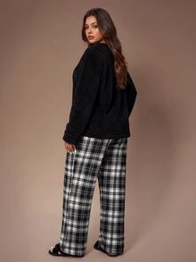 Lazeform Plus Size Casual Letter Embroidered Comfortable Plush Plaid Pajama Set 2 Pieces - Black - View 2