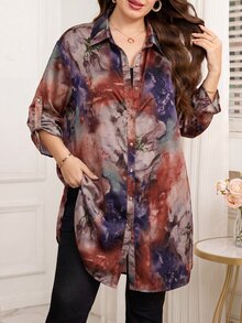SHEIN Clasi 女款大尺碼優雅時尚全印花長版襯衫 - 彩色 - 查看 3