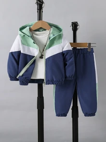 SHEIN Playful Pals 2件組幼童男孩連帽夾克＋長褲，學院風薄荷白海軍拼接拉鍊長袖連帽休閒運動套裝，適合戶外秋季聖誕穿搭 - 藍色 - 查看 1
