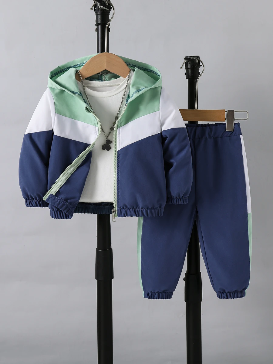 SHEIN Playful Pals 2件組幼童男孩連帽夾克+長褲,學院風薄荷白海軍拼接拉鍊長袖連帽休閒運動套裝,適合戶外秋季聖誕穿搭 - 藍色 - 查看 1