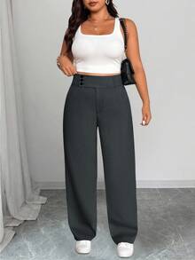 SHEIN PETITE CURVE 大尺碼女款極簡優雅鈕扣口袋設計長褲 - 深灰色 - 查看 3