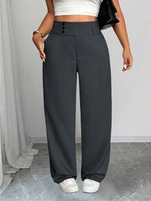 SHEIN PETITE CURVE 大尺碼女款極簡優雅鈕扣口袋設計長褲 - 深灰色 - 查看 4
