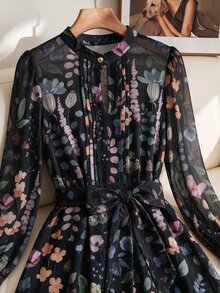SHEIN Clasi 女款時尚立領主教袖百褶印花襯衫 - 黑色 - 查看 3