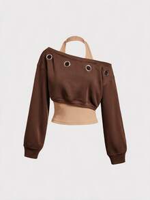 SHEIN MOD Women's Halter Neck Asymmetric Shoulder Eyelet Long Sleeve Casual Sweatshirt - Brown - View 3