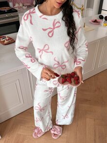 SweetSlumber Women's Ins Sweet Bow Flannel Long Sleeve Round Neck Pants Pajama Set - White - View 4