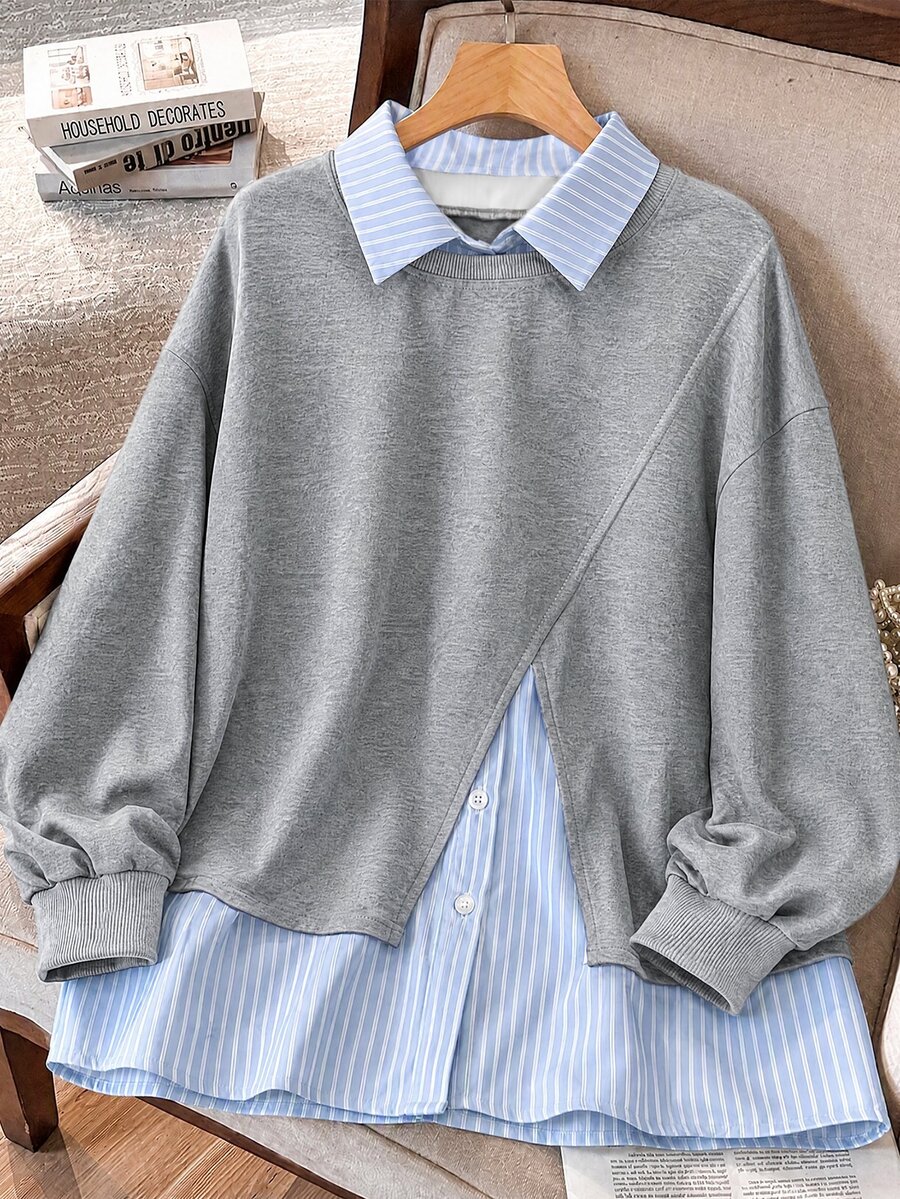 Lacomfia Sweatshirt Wanita 2 in 1 dengan Kerah Kemeja, Motif Blok Warna Biru & Putih Bergaris, Gaya Kampus, Serbaguna, Ukuran Plus - Grey - View 1