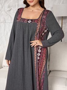 Seusyu Print Random Floral Pattern Knitted Ribbed Patchwork Design Casual Daily Minimalist Loose Long Sleeve Comfortable Plus Size Dress - Dark Grey - View 4