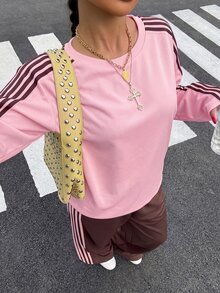 Muchica 女款休閒舒適粉色與棕色拼接織帶圓領長袖上衣搭配棕色長褲與粉色織帶細節，2件套，秋冬常規款 - 粉色 - 查看 3