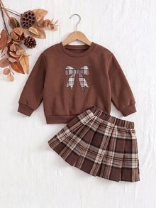 SHEIN Baby Girl Fleece Thick Decorative Bow Plaid Print Pattern Crew Neck Pullover Sweatshirt & Vintage Plaid Pleated Skirt Set, Suitable For Winter - Brown - View 6