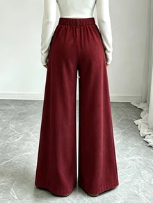 Elenzga Angola Red Autumn/Winter Women's High-Waisted Wide-Leg Suit Pants With Drape, Center Seam Design, Slimming Straight Leg Casual Trousers - Burgundy - View 2
