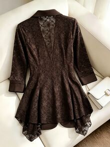 Lacomfia Plus Size Women's Lace Patchwork Casual Elegant Commute Travel Office Party Blazer Brown Summer - Coffee Brown - View 2