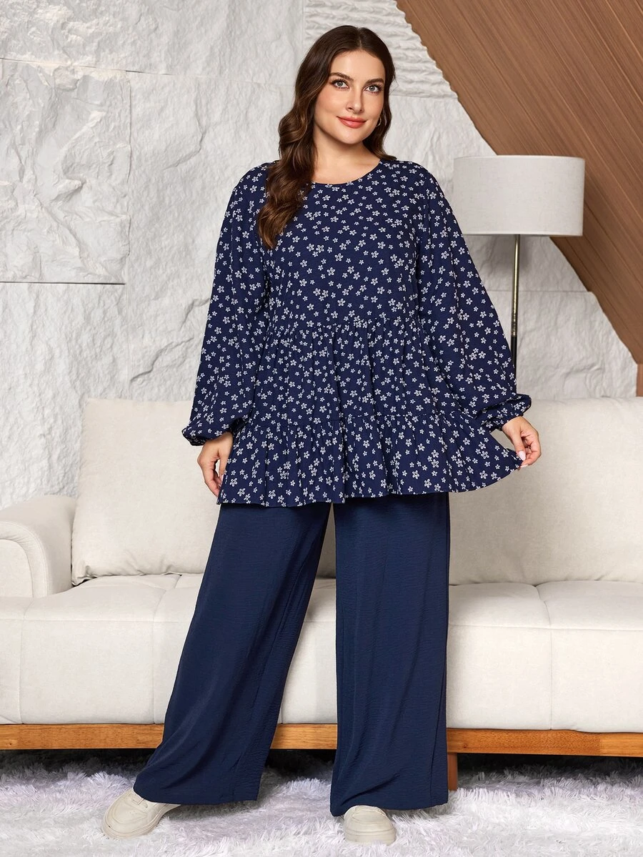 Lacomfia Random Floral Pattern Faux Embroidery Navy Blue Top With Straight Leg Pants Elastic Waist Plus Size 2 Pieces Set - Navy Blue - View 1