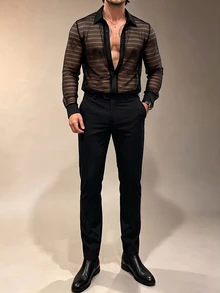 ZURIURI Men's Sheer Mesh Fashion Long Sleeve Shirt - Black - View 5