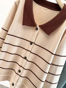 GlowEve CURVE Plus Size Women Colorblock Long Sleeve Cardigan Knit Sweater, Striped Fashion Casual Versatile Suitable For Autumn/Winter Wear Fall - Apricot - View 6